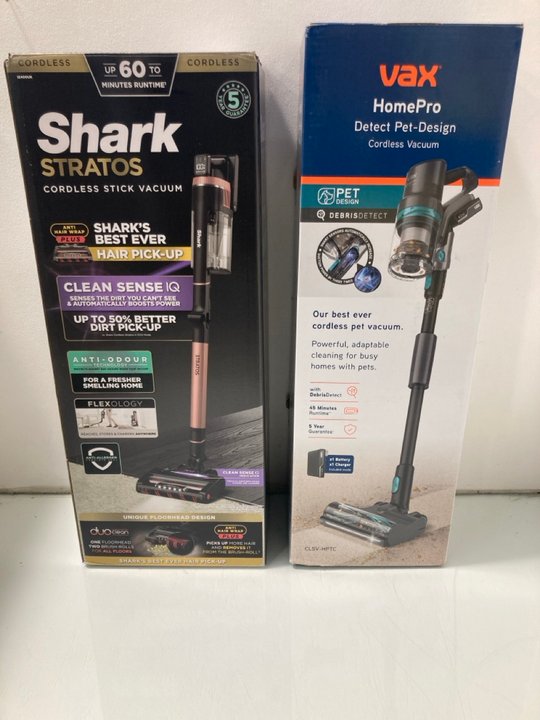 Lot 167  
            Marchington SR12 - Parcel Delivery Only 

                
SHARK STRATOS CORDLESS STICK VACUUM TO INCLUDE VAX HOMEPRO DETECT PET-DESIGN CORD...