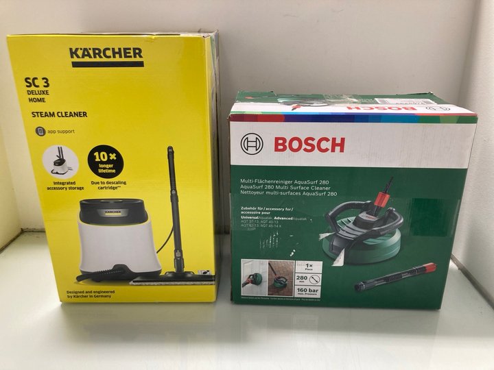 Lot 181  
            Marchington SR12 - Parcel Delivery Only 

                
KARCHER SC 3 STEAM CLEANER HOME DELUXE TO INCLUDE BOSCH AQUASURF 280 MULTI SURFAC...