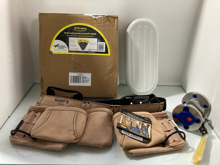 Lot 253  
            Marchington SR12 - Parcel Delivery Only 

                
QTY OF ASSORTED DIY ITEMS TO INCLUDE TOOLWORKS WORK APRON: LOCATION - J16