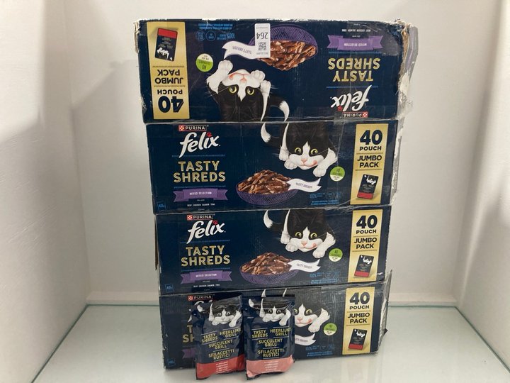 Lot 264  
            Marchington SR12 - Parcel Delivery Only 

                
4X FELIX TASTY SHREDS 40 POUCH JUMBO PACK - BBE 06/27: LOCATION - J16