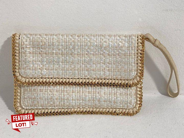 Lot 30  
            Marchington SR12 - Parcel Delivery Only 

                
STELLA MCCARTNEY FALABELLA BAG IN WHITE TWEED WITH GOLD-TONE CHAIN TRIM - ORIGINA...