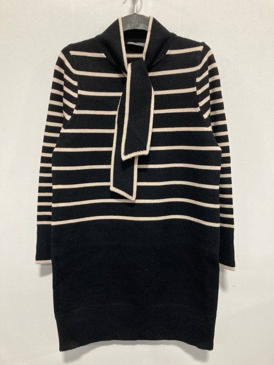 Lot 32  
            Marchington SR12 - Parcel Delivery Only 

                
MINT VELVET BLACK STRIPE SCARF KNIT DRESS - SIZE: MEDIUM - ORIGINAL RRP: £140.00:...