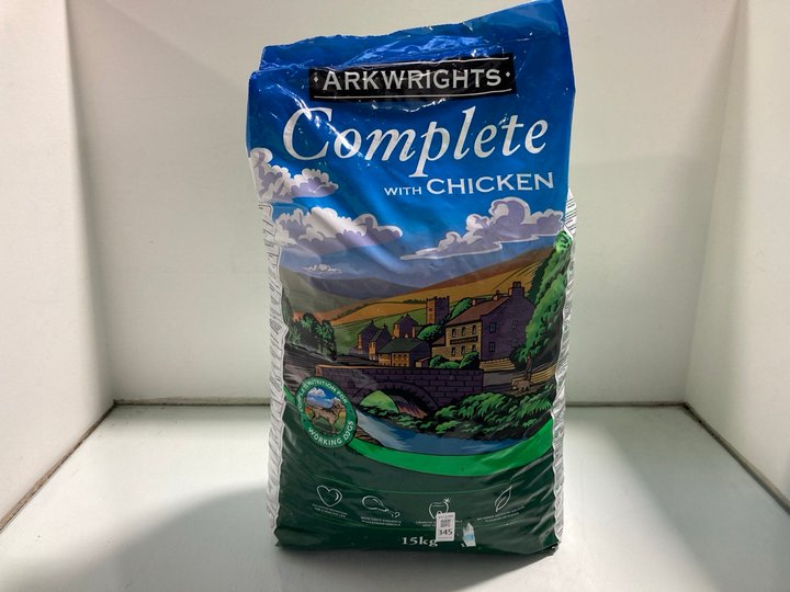 Lot 345  
            Marchington SR12 - Parcel Delivery Only 

                
ARKWRIGHTS DRY DOG FOOD COMPLETE WITH CHICKEN 15KG BBE: 09/2026: LOCATION - J21