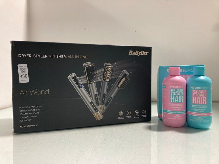 Lot 350  
            Marchington SR12 - Parcel Delivery Only 

                
HAIRBURST SHAMPOO AND CONDITIONER FOR LONGER STRONGER HAIR TO INCLUDE BABYLISS AI...