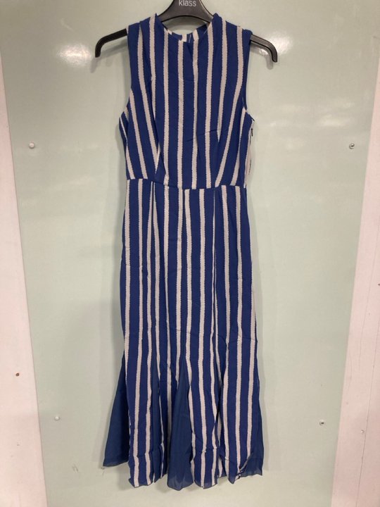 Lot 389  
            Marchington SR12 - Parcel Delivery Only 

                
WHISTLES CRINKLE STRIPE DRESS IN BLUE/WHITE - UK SIZE: 6 - ORIGINAL RRP: £189.00:...