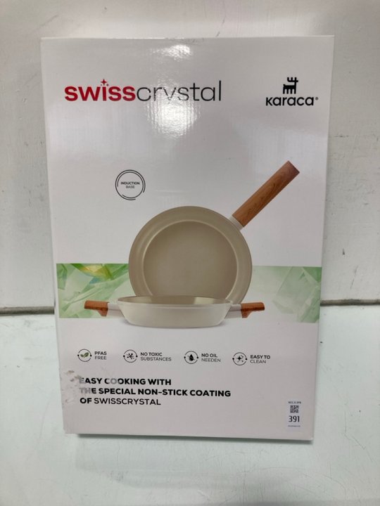 Lot 391  
            Marchington SR12 - Parcel Delivery Only 

                
SWISS CRYSTAL KARACA NON-STICK FRYING PAN AND SHALLOW STOCK POT IN ALMOND: LOCATI...