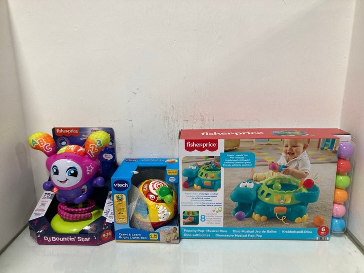 Lot 399  
            Marchington SR12 - Parcel Delivery Only 

                
3 X ASSORTED CHILDRENS TOYS TO INCLUDE FISHER-PRICE DJ BOUNCIN' STAR: LOCATION - I15