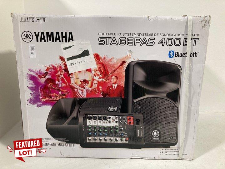 Lot 49  
            Marchington SR12 - Parcel Delivery Only 

                
YAMAHA PORTABLE PA SYSTEM STAGEPAS 400BT - ORIGINAL RRP: £578.00: LOCATION - BOOTH