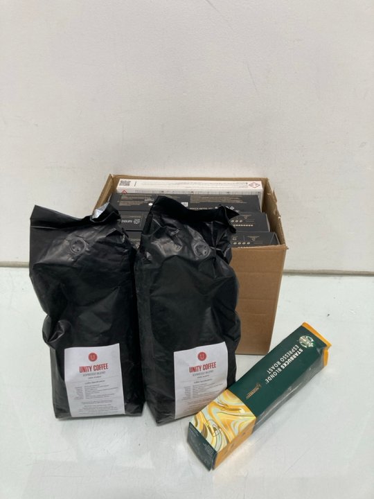 Lot 500  
            Marchington SR12 - Parcel Delivery Only 

                
QTY OF ASSORTED COFFEE ITEMS TO INCLUDE UNITY COFFEE ESPRESSO BLEND 1KG - BB: 01/...
