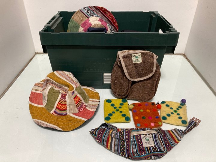 Lot 562  
            Marchington SR12 - Parcel Delivery Only 

                
QTY OF ASSORTED CLOTHING ACCESSORIES TO INCLUDE MULTI COLOURED HAT MADE BY HEMP: ...