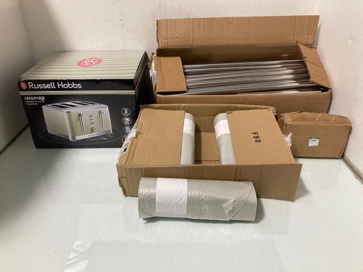 Lot 593  
            Marchington SR12 - Parcel Delivery Only 

                
QTY OF KITCHEN ITEMS TO INCLUDE RUSSELL HOBBS CREAM TOASTER: LOCATION - I6