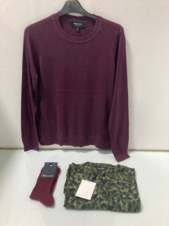 Lot 596  
            Marchington SR12 - Parcel Delivery Only 

                
QTY OF ASSORTED WOMEN CLOTHES TO INCLUDE WHISTLES ANIMAL PRINT COLLARED SHIRT IN ...