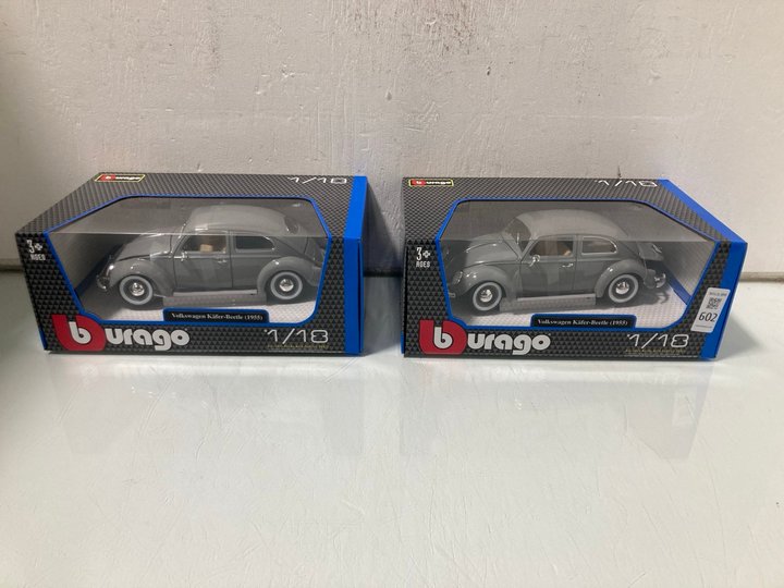 Lot 602  
            Marchington SR12 - Parcel Delivery Only 

                
2X BURAGO 1/18 VOLKSWAGEN KAFER-BEETLE DISPLAY TOY CAR: LOCATION - I5