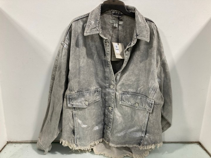 Lot 644  
            Marchington SR12 - Parcel Delivery Only 

                
ALL SAINTS HETTIE DENIM SHACKET IN COATED SI;VER - UK SIZE:N 12 - ORIGINAL RRP: £...