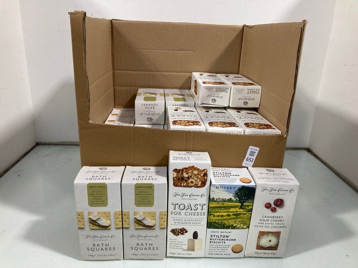 Lot 651  
            Marchington SR12 - Parcel Delivery Only 

                
QTY OF ASSORTED FOOD ITEMS TO INCLUDE THE FINE CHEESE CO. BATH SQUARE CRACKERS 14...
