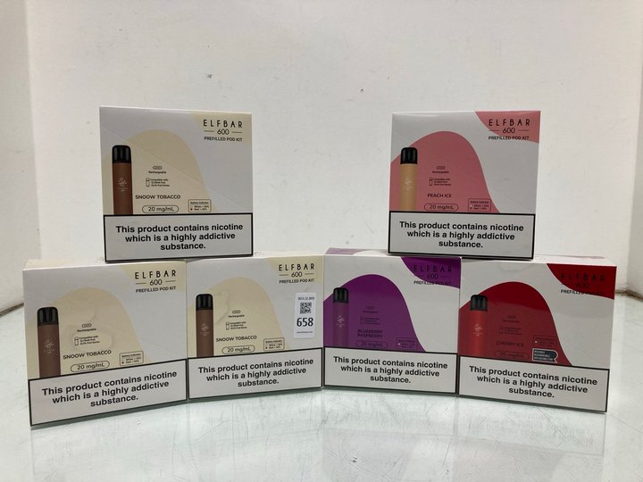 Lot 658  
            Marchington SR12 - Parcel Delivery Only 

                
QTY OF ASSORTED VAPE ITEMS TO INCLUDE ELFBAR 600 PREFILLED POD KIT IN SNOOW TOBAC...