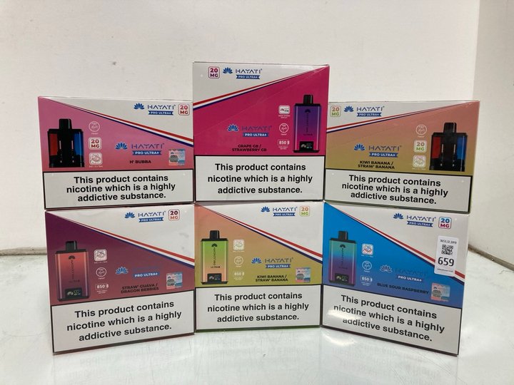 Lot 659  
            Marchington SR12 - Parcel Delivery Only 

                
QTY OF ASSORTED VAPE ITEMS TO INCLUDE HYATI PRO ULTRA + IN KIWI BANANA 20 MG (18+...