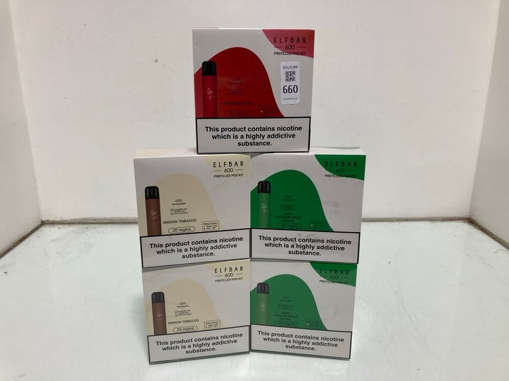 Lot 660  
            Marchington SR12 - Parcel Delivery Only 

                
5 X ASSORTED ELFBAR VAPE ITEMS TO INCLUDE RECHARGEABLE PREFILLED POD KIT IN KIWI/...