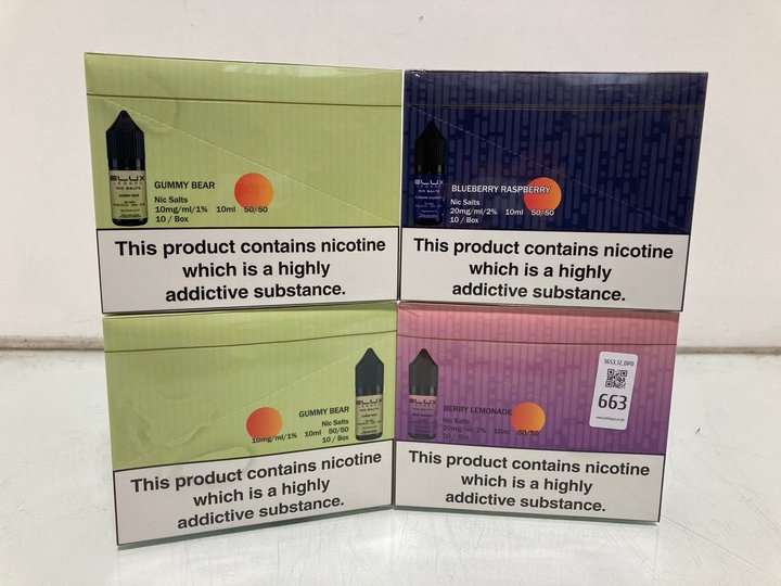 Lot 663  
            Marchington SR12 - Parcel Delivery Only 

                
4 X ASSORTED VAPE ITEMS TO INCLUDE ELUX LEGEND NIC SALTS BERRY LEMONADE 20MG (18+...