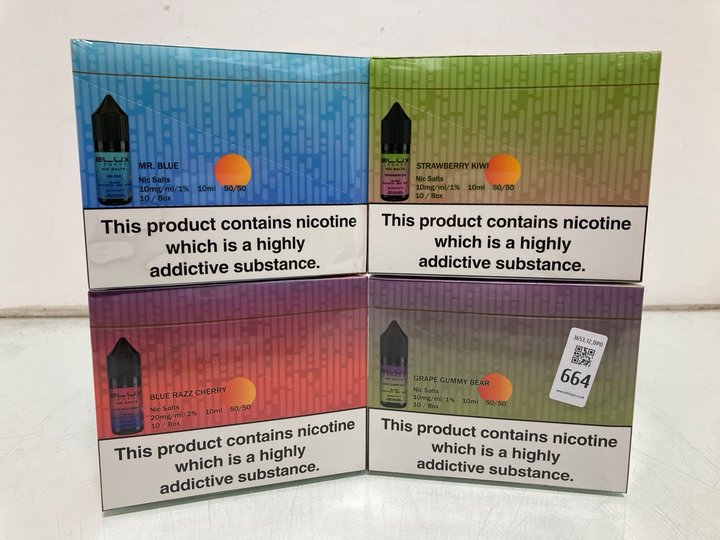 Lot 664  
            Marchington SR12 - Parcel Delivery Only 

                
4 X ASSORTED VAPE ITEMS TO INCLUDE ELUX LEGEND NIC SALTS GRAPE GUMMY BEAR 20MG (1...