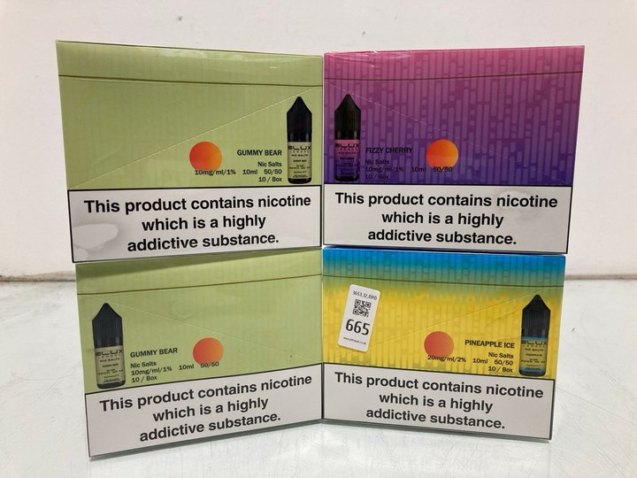 Lot 665  
            Marchington SR12 - Parcel Delivery Only 

                
4 X ASSORTED VAPE ITEMS TO INCLUDE ELUX LEGEND NIC SALTS PINEAPPLE ICE 20MG (18+ ...