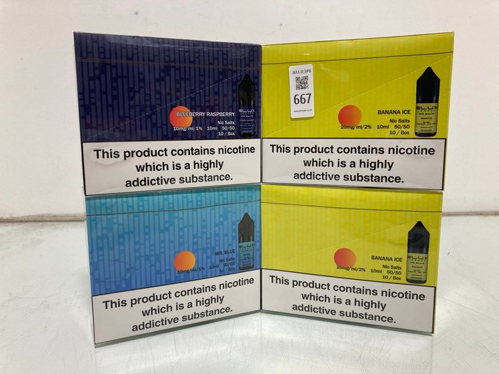 Lot 667  
            Marchington SR12 - Parcel Delivery Only 

                
4 X ASSORTED VAPE ITEMS TO INCLUDE ELUX LEGEND NIC SALTS BANANA ICE 20MG (18+ ID ...