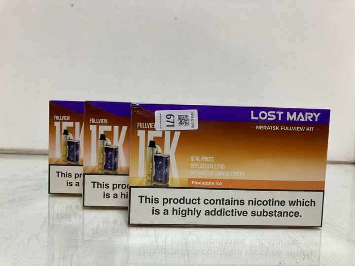 Lot 671  
            Marchington SR12 - Parcel Delivery Only 

                
3 X ASSORTED LOST MARY NERA15K FULLVIEW VAPE KITS TO INCLUDE PINEAPPLE ICE (18+ I...