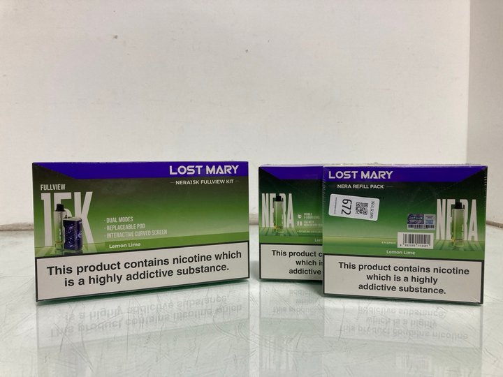 Lot 672  
            Marchington SR12 - Parcel Delivery Only 

                
3 X ASSORTED LOST MARY VAPE ITEMS TO INCLUDE NERA REFILL PACK IN LEMON ICE (18+ I...