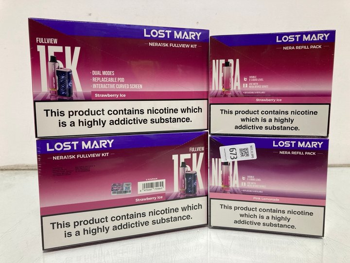 Lot 673  
            Marchington SR12 - Parcel Delivery Only 

                
4 X ASSORTED LOST MARY VAPE ITEMS TO INCLUDE NERA REFILL PACK IN PINK LEMONADE (1...