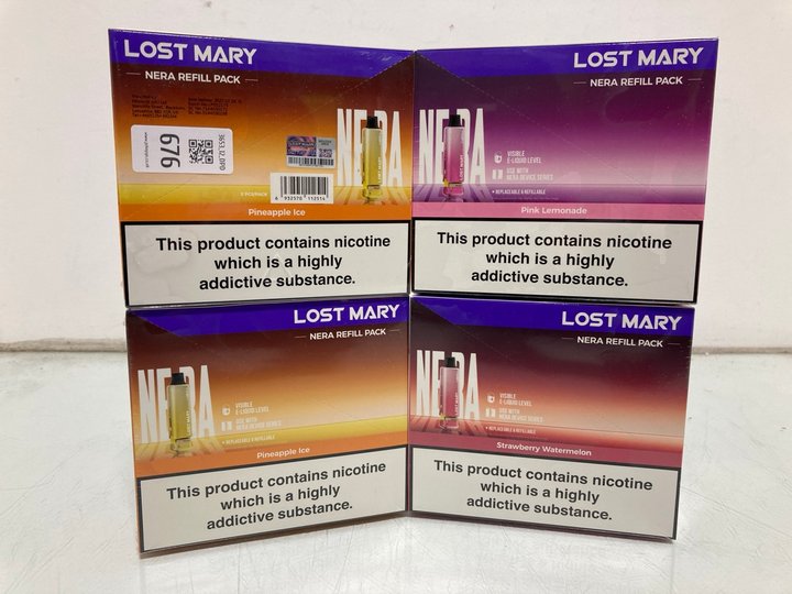 Lot 676  
            Marchington SR12 - Parcel Delivery Only 

                
4 X ASSORTED VAPE ITEMS TO INCLUDE LOST MARY NERA REFILL PACK IN PINEAPPLE ICE (1...