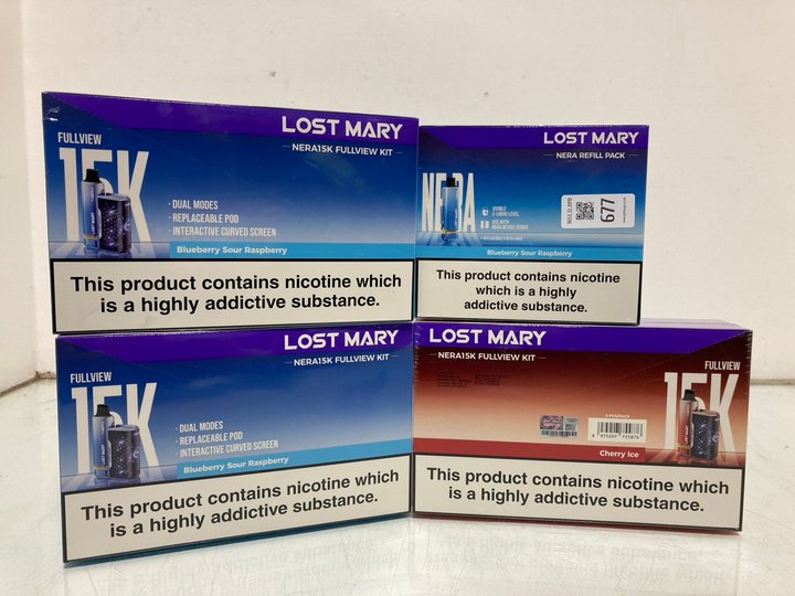 Lot 677  
            Marchington SR12 - Parcel Delivery Only 

                
4 X ASSORTED VAPE ITEMS TO INCLUDE LOST MARY NERA REFILL PACK BLUEBERRY SOUR RASP...