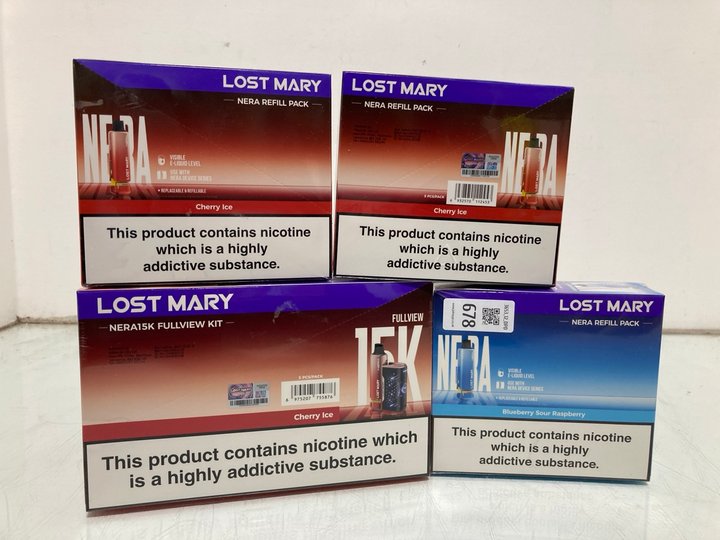 Lot 678  
            Marchington SR12 - Parcel Delivery Only 

                
4 X ASSORTED LOST MARY VAPE ITEMS TO INCLUDE NERA REFILL PACK IN BLUEBERRY SOUR R...