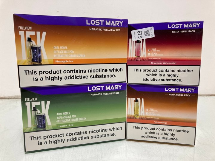 Lot 679  
            Marchington SR12 - Parcel Delivery Only 

                
4 X ASSORTED LOST MARY VAPE ITEMS TO INCLUDE NERA REFILL PACK IN STRAWBERRY WATER...
