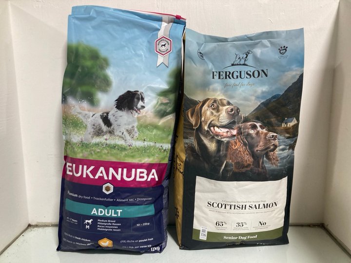 Lot 726  
            Marchington SR12 - Parcel Delivery Only 

                
FERGUSON SCOTTISH SALMON DRY DOG FOOD 12KG - BB: 12/26 TO INCLUDE EUKANUBA ADULT ...