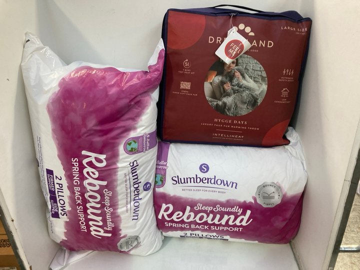 Lot 803  
            Marchington SR12 - Parcel Delivery Only 

                
2 X PACKS OF 2 SLUMBERDOWN REBOUND PILLOWS TO ALSO INCLUDE DREAMLAND HYGGE DAYS L...