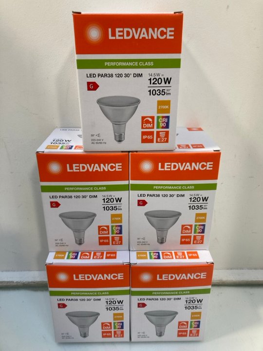 Lot 807  
            Marchington SR12 - Parcel Delivery Only 

                
5 X BOXES OF LEDVANCE 120W 1035LM LED PAR38 SPOTLIGHTS: LOCATION - H5