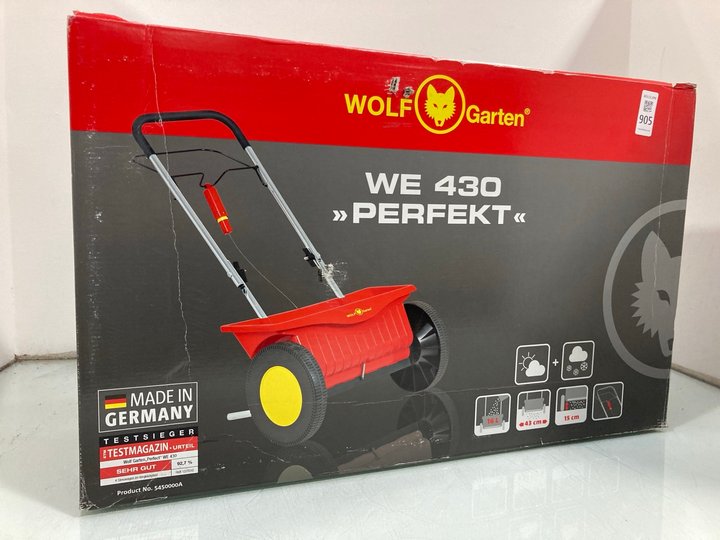 Lot 905  
            Marchington SR12 - Parcel Delivery Only 

                
WOLF GARTEN 430 HAND PUSH DROP SPREADER: LOCATION - H11