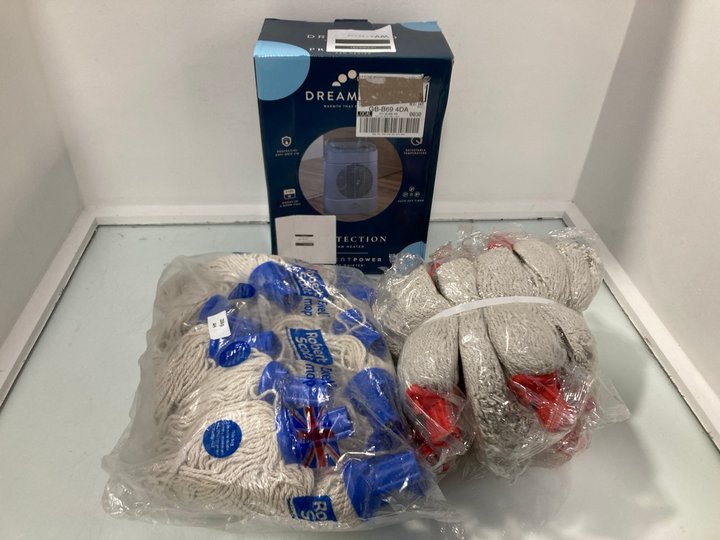 Lot 919  
            Marchington SR12 - Parcel Delivery Only 

                
QTY OF ROBERT SCOTT MOP HEADS TO ALSO INCLUDE DREAMLAND PROTECTION FAN HEATER: LO...