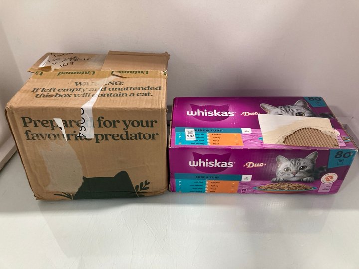 Lot 942  
            Marchington SR12 - Parcel Delivery Only 

                
PACK OF WHISKAS SURF & TURF CAT FOOD IN JELLY - BBE 1/27 TO ALSO INCLUDE BOX OF A...