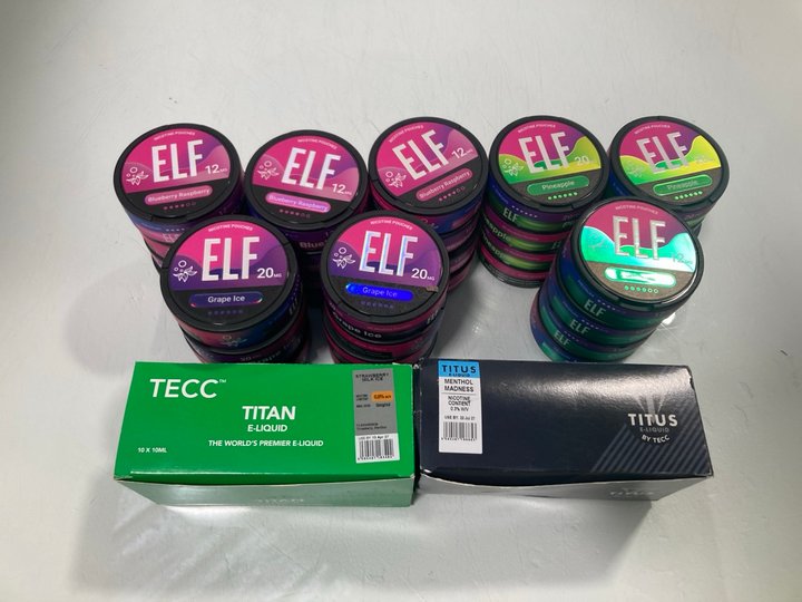 Lot 947  
            Marchington SR12 - Parcel Delivery Only 

                
QTY OF ASSORTED VAPE ITEMS TO INCLUDE QTY OF ELF 12MG NICOTINE POUCHES IN VARIOUS...