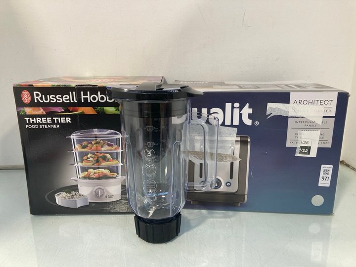 Lot 971  
            Marchington SR12 - Parcel Delivery Only 

                
DUALIT ARCHITECT 2 SLICE TOASTER TO ALSO INCLUDE REPLACEMENT BLENDER JUG & RUSSEL...