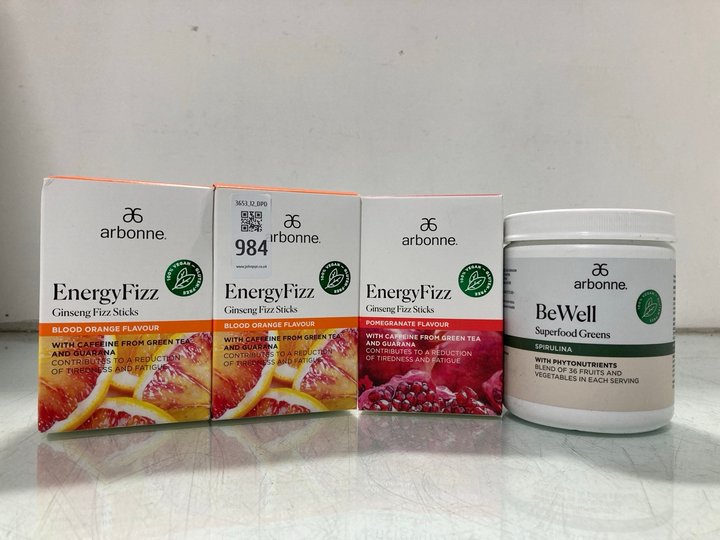 Lot 984  
            Marchington SR12 - Parcel Delivery Only 

                
3 X ARBONNE ENERGY FIZZ GINSENG FIZZ STICKS IN POMEGRANATE/BLOOD ORANGE FLAVOUR -...