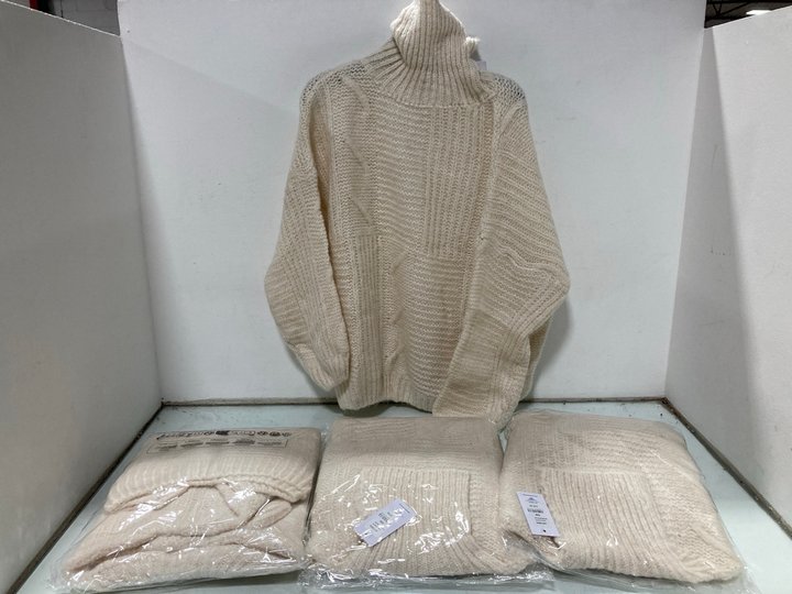 Lot 995  
            Marchington SR12 - Parcel Delivery Only 

                
4 X CERULEAN KNITTED CABLE DETAIL ROLL NECK JUMPERS IN CREAM - UK M/L: LOCATION -...