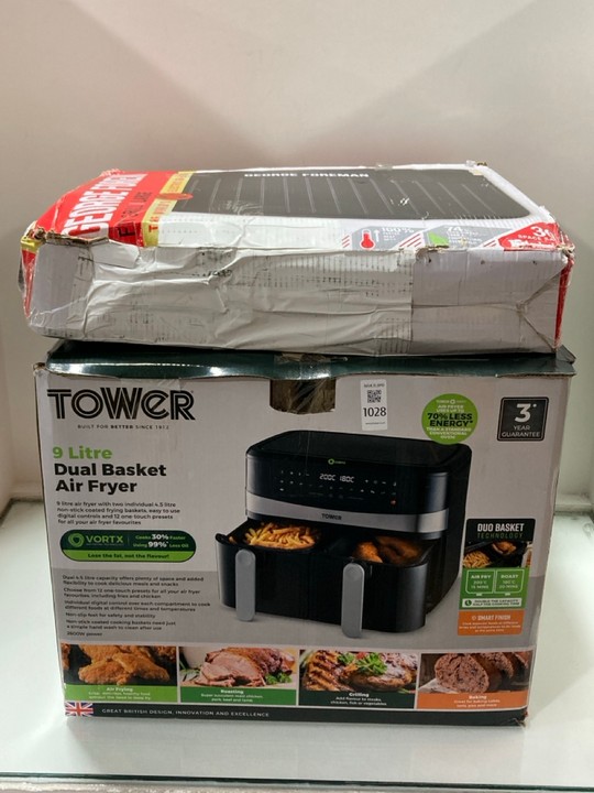 Lot 1028  
            Marchington SR11 - Parcel Delivery Only 

                
2 X ASSORTED HOME APPLIANCES TO INCLUDE TOWER 9L DUAL BASKET AIR FRYER: LOCATION ...