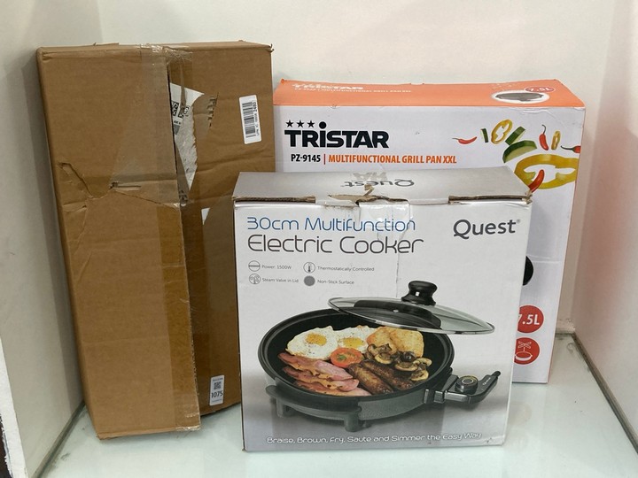Lot 1075  
            Marchington SR11 - Parcel Delivery Only 

                
3 X ASSORTED ITEMS TO INCLUDE QUEST MULTIFUNCTION ELECTRIC COOKER: LOCATION - BR8