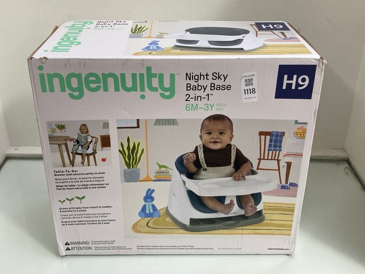 Lot 1118  
            Marchington SR11 - Parcel Delivery Only 

                
INGENUITY NIGHT SKY 2 IN 1 BABY BASE SEAT: LOCATION - CR11