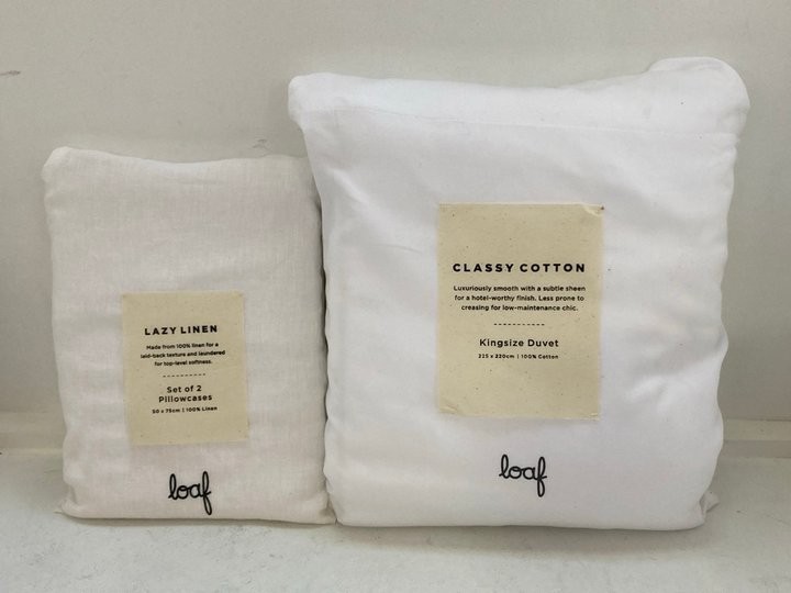 Lot 1385  
            Marchington SR11 - Parcel Delivery Only 

                
LOAF.COM LAZY LINEN SET OF 2 PILLOW CASES TO INCLUDE CLASSY COTTON KING SIZE DUVE...