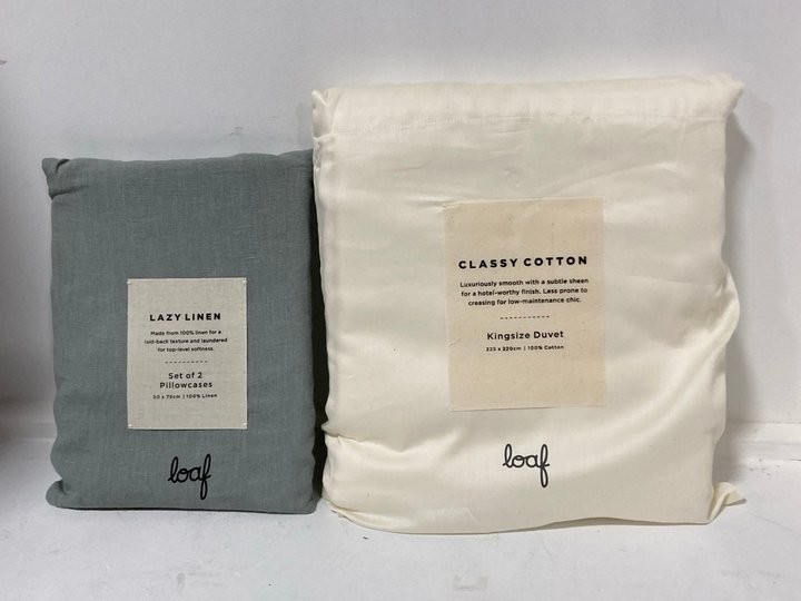 Lot 1395  
            Marchington SR11 - Parcel Delivery Only 

                
LOAF.COM LAZY LINEN SET OF 2 PILLOW CASES TO INCLUDE CLASSY COTTON KING SIZE DUVE...