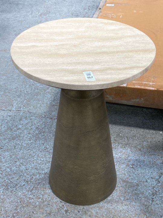 Lot 162  
            Marchington SR11 - Delivery or Collection 

                
CLIFTON II SMALL ROUND SIDE TABLE IN NATURAL TRAVERTINE AND BRASS - ORIGINAL RRP ...