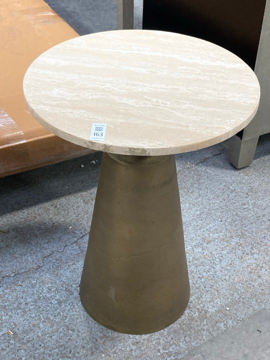 Lot 163  
            Marchington SR11 - Delivery or Collection 

                
CLIFTON II SMALL ROUND SIDE TABLE IN NATURAL TRAVERTINE AND BRASS - ORIGINAL RRP ...